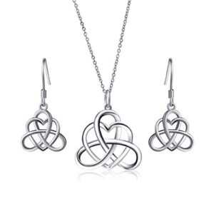 925 Sterling Silver Good Luck Vintage Irish Celtic Triquetra Knot Heart Pendant Necklace and Earrings Jewelry Set