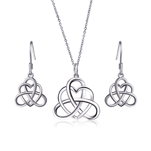 925 Sterling Silver Good Luck Vintage Irish Celtic Triquetra Knot Heart Pendant Necklace and Earrings Jewelry Set