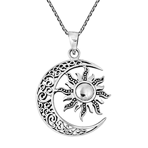AeraVida Celtic Crescent Moon and Sun Eclipse .925 Sterling Silver Necklace