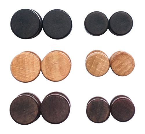 Wood Wooden Vintage Round Circle Fake Cheater Plugs Tunnel Unisex Stainless Steel Stud Earrings Lot Set