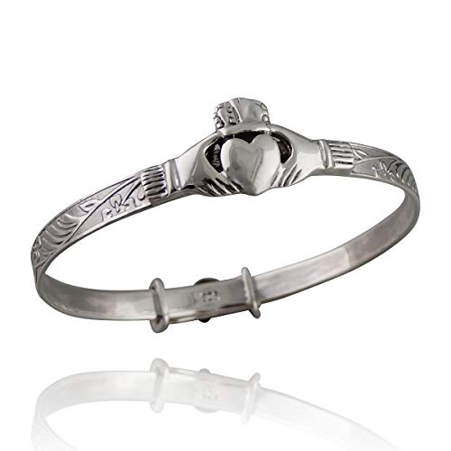 Sterling Silver Oxidized Celtic Baby Claddagh Bangle Bracelet - Adjustable 5" to 6"