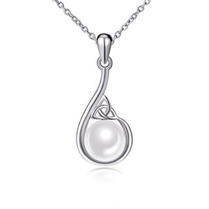 S925 Sterling Silver Good Luck Irish Celtic Knot Triangle Vintage Synthetic Pearl Pendant Necklace, 18 ”