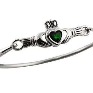 Sterling Silver Celtic Claddagh Bangle Bracelet with Green Glass Heart