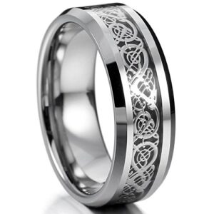 MOWOM Silver Tone Black 8mm Tungsten Ring Band Irish Celtic Knot Dragon Comfort Fit Wedding