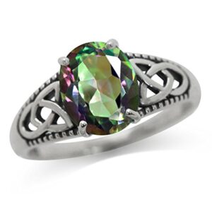 3.04ct. Mystic Fire Topaz 925 Sterling Silver Triquetra Celtic Knot Solitaire Ring