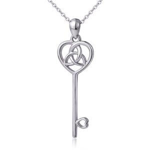 LINLIN FINE JEWELRY 925 Sterling Silver Irish Celtic Trinity Knot Heart Key Pendant Necklace for Women, 18″