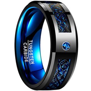 NUNCAD Black Celtic Dragon Tungsten Carbide Wedding Band Ring for Men 8mm Blue Carbon Fiber Size 7 to 12