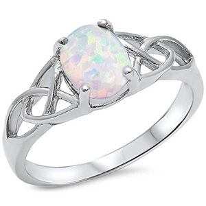 Oval Lab Created White Opal Celtic Design Band .925 Sterling Silver Ring Sizes 4-12 RO150357