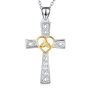 YFN Women Religious Jewelry 925 Sterling Silver Two-tone Eternal Love Heart Celtic Knot Cross Pendant Necklace