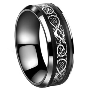 Tanyoyo 8mm Black Stainless steel Ring Silver Celtic Dragon Wedding Band Size 7-14