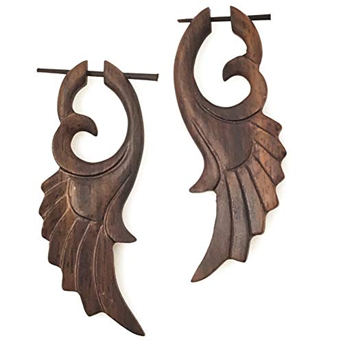 UMBRELLALABORATORY Tribal Organics Earrings Wooden Tropical Feathered Bird Style Fake Gauges W 13