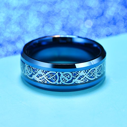 King Will Dragon Men Women 8mm Tungsten Carbide Ring Blue Carbon Fiber Silver Celtic Dragon Inlay Wedding Band