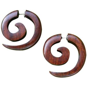 UMBRELLALABORATORY Tribal Organic Wooden Earrings Fake Gauges Sold As Pair Bohemian Jewelry Spiral Tattoo Faux Plugs tapers