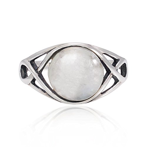925 Sterling Silver Round Genuine Moonstone Celtic Knot Triquetra Trinity Endless Eye Ring