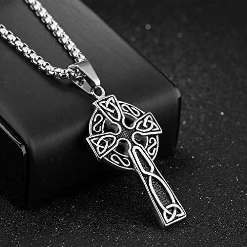 LineAve Men's Stainless Steel Large Celtic Cross with Irish Knot Pendant Necklace