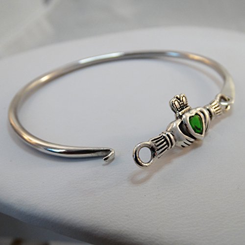 Sterling Silver Celtic Claddagh Bangle Bracelet with Green Glass Heart