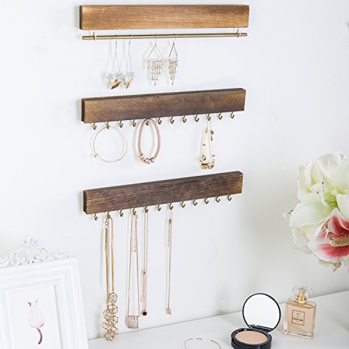 MyGift Set of 3 Rustic Wood & Gold Tone Metal Jewelry Organizers/Necklace & Bracelet Hook Racks/Earring Bar