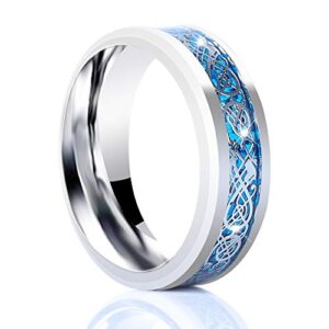 YJ.GWL 8mm Titanium Celtic Dragon Rings for Men Women Silver Blue Carbide Beveled Edge Stainless Steel Wedding Band Size 7-14