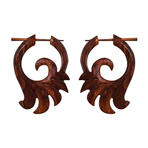 Crafted studio Women's Tibetan Antique Wooden Carved African Tribal Big Fake Gauge Earrings 2.2"