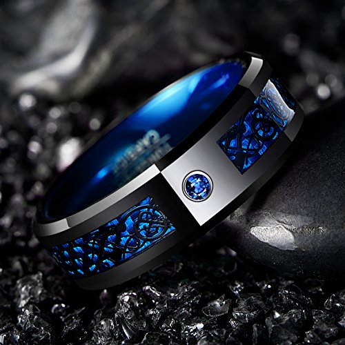 NUNCAD Black Celtic Dragon Tungsten Carbide Wedding Band Ring for Men 8mm Blue Carbon Fiber Size 7 to 12