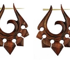 Pair of Organic Hand Carved Sono Wood Tribal Ornament Stirrup Hanger Earrings